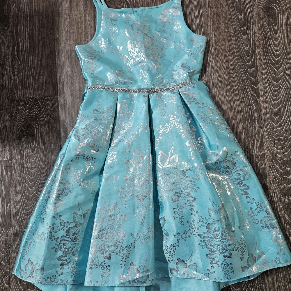 Rare Editions Turquoise Floral Metallic Party Dress